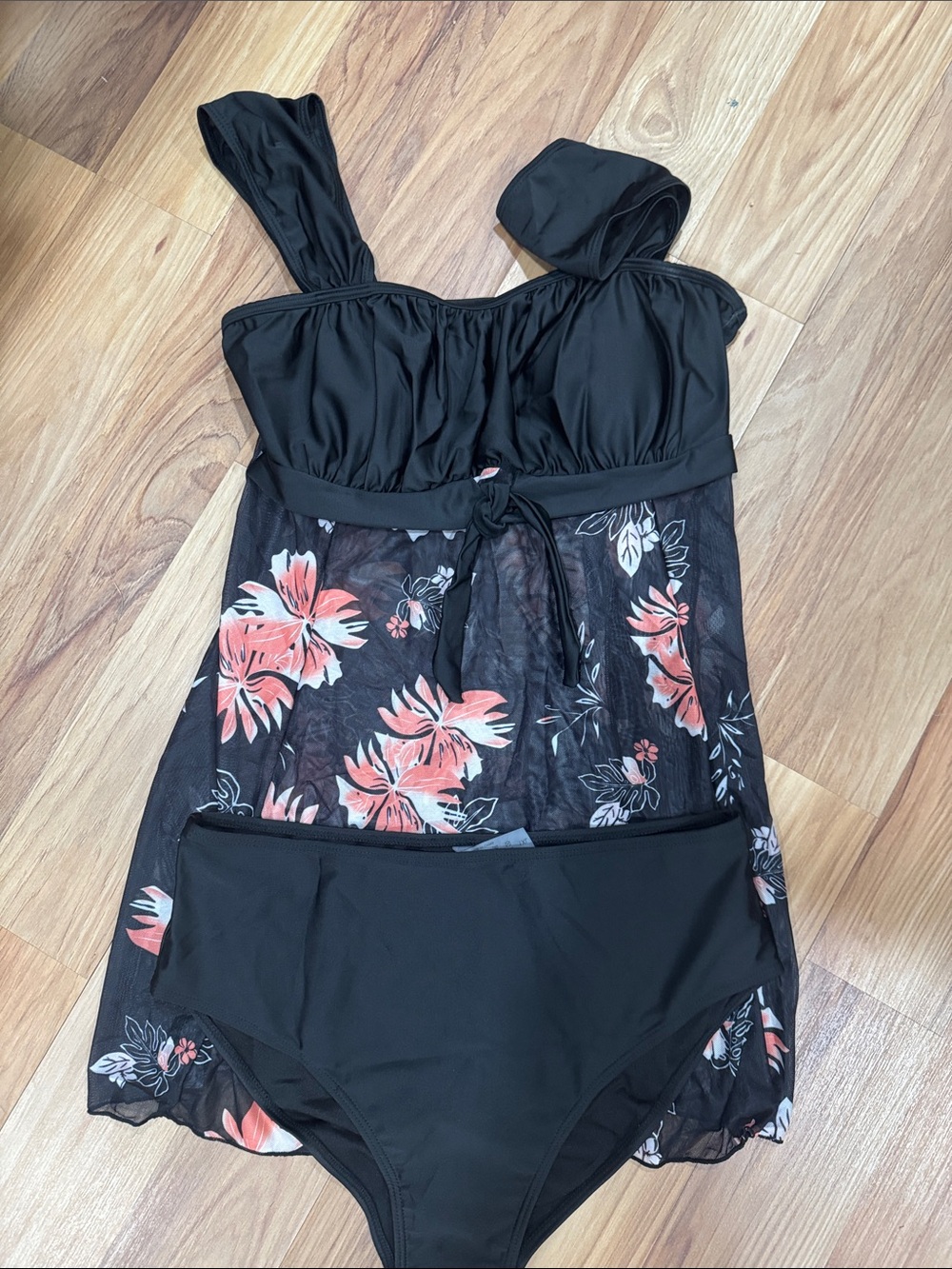 Black Floral Mesh Swim Dress with Coral Hibiscus Print and bikini bottom